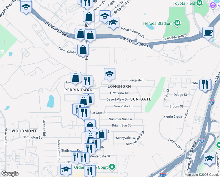 map of restaurants, bars, coffee shops, grocery stores, and more near 4318 Clearspring Drive in San Antonio