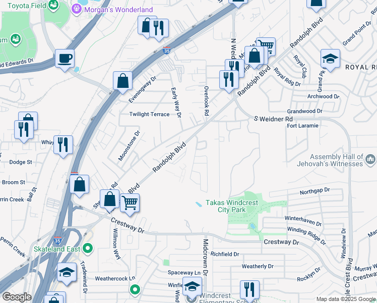 map of restaurants, bars, coffee shops, grocery stores, and more near 5454 Randolph Boulevard in San Antonio