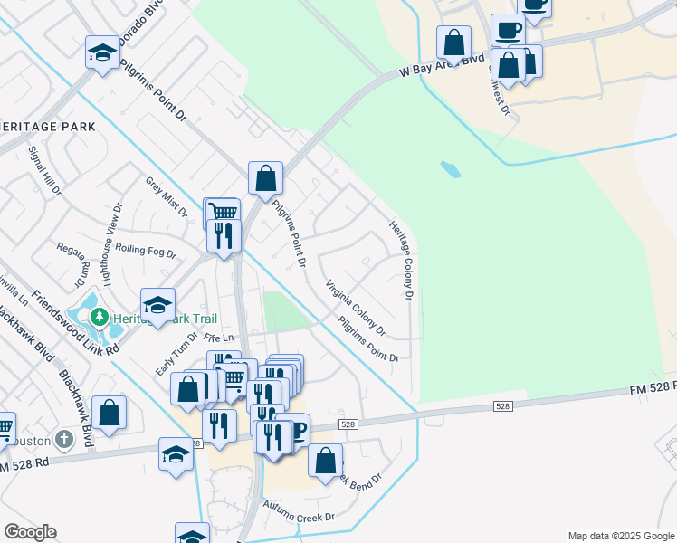 map of restaurants, bars, coffee shops, grocery stores, and more near 2706 Mayflower Landing Court in Webster