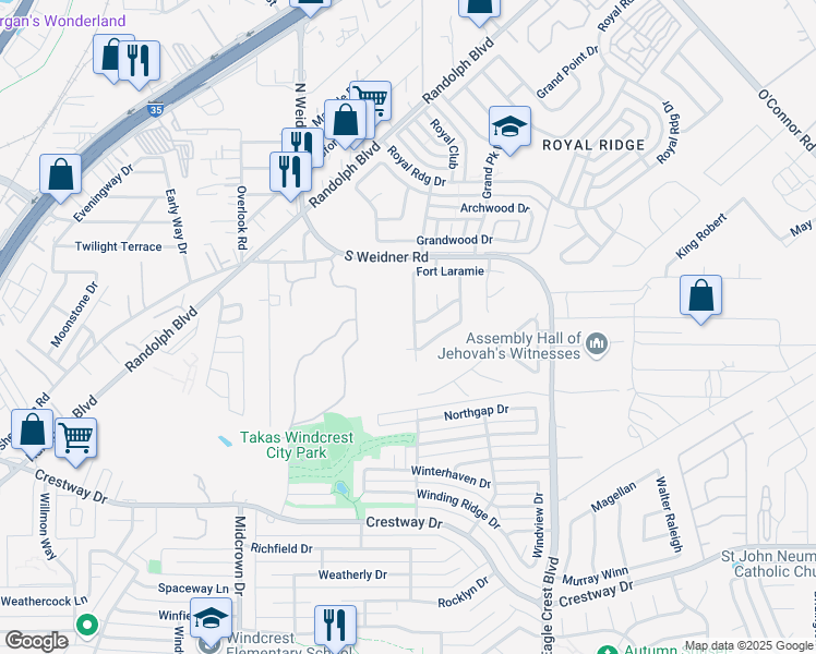 map of restaurants, bars, coffee shops, grocery stores, and more near 9914 Powderhouse Drive in San Antonio