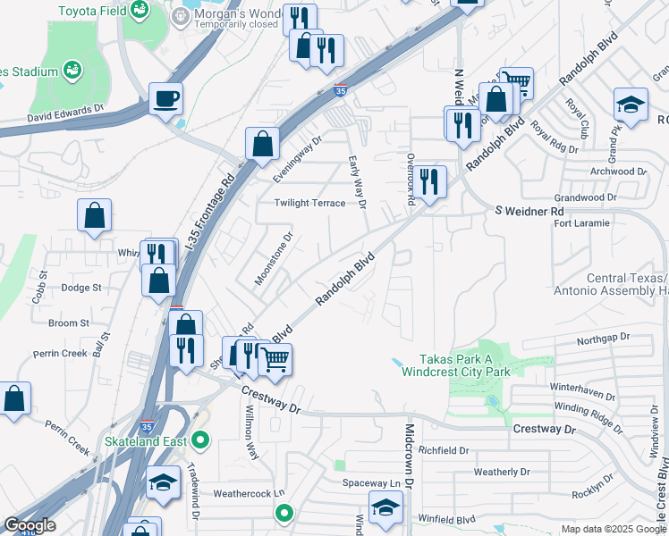 map of restaurants, bars, coffee shops, grocery stores, and more near 5410 Sherri Ann Road in San Antonio