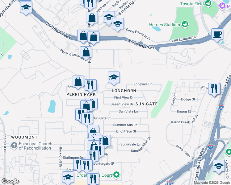 map of restaurants, bars, coffee shops, grocery stores, and more near 4318 Clearspring Drive in San Antonio