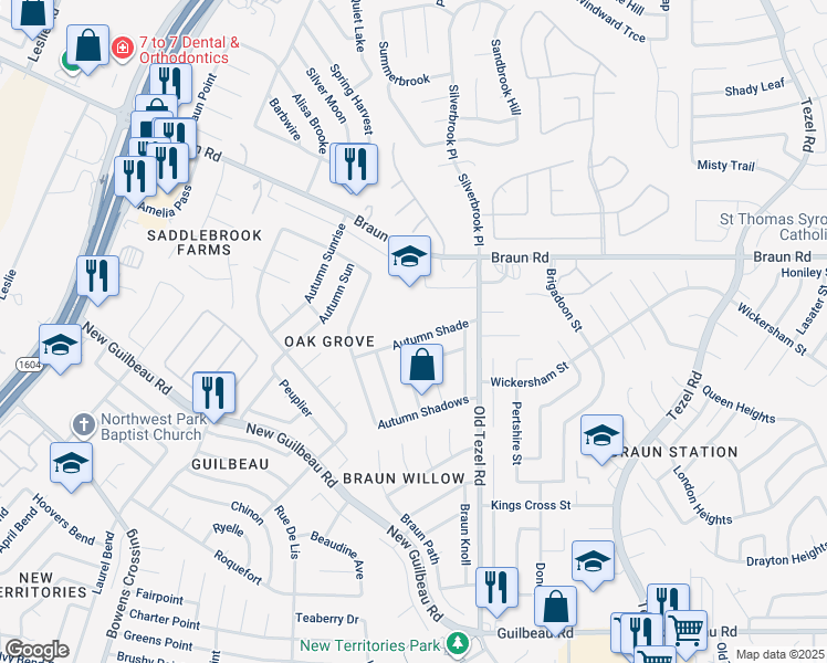 map of restaurants, bars, coffee shops, grocery stores, and more near 9555 Autumn Shade in San Antonio