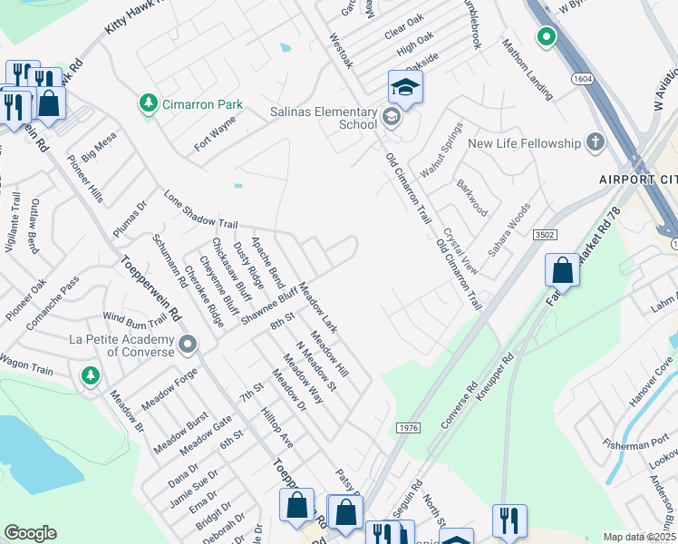map of restaurants, bars, coffee shops, grocery stores, and more near 10134 Shawnee Bluff in Converse