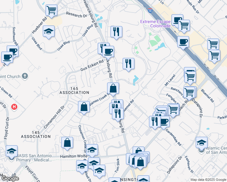 map of restaurants, bars, coffee shops, grocery stores, and more near Fredericksburg Rd & Cinnamon Creek Dr in San Antonio