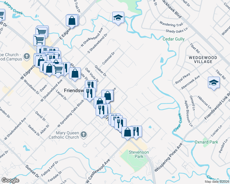 map of restaurants, bars, coffee shops, grocery stores, and more near 201C Skyview Terrace in Friendswood