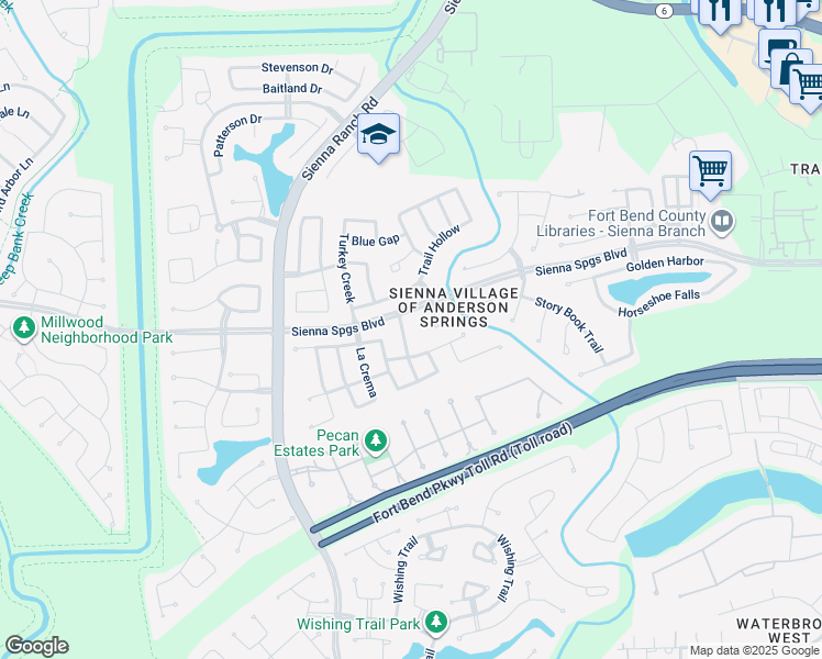 map of restaurants, bars, coffee shops, grocery stores, and more near 5834 Sonoma Ridge in Missouri City