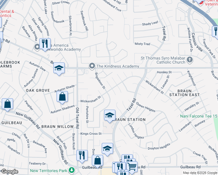 map of restaurants, bars, coffee shops, grocery stores, and more near 9219 Woodheather Street in San Antonio