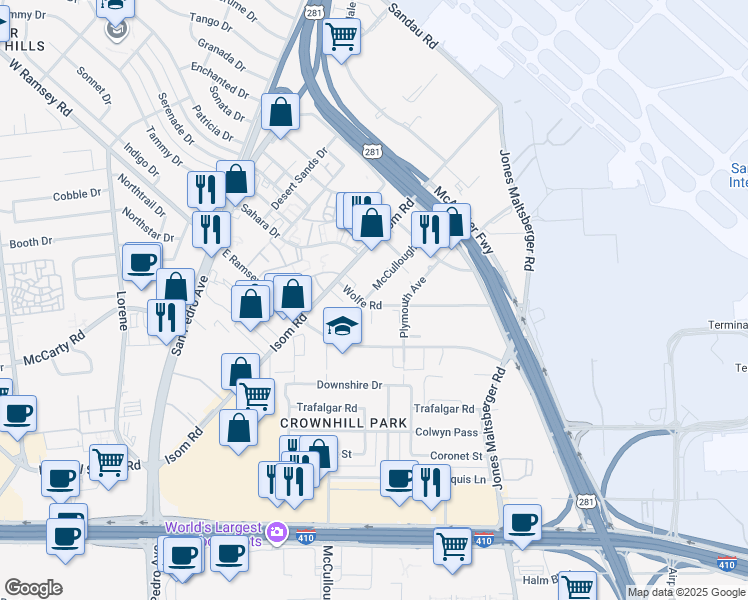map of restaurants, bars, coffee shops, grocery stores, and more near 211 Wolfe Road in San Antonio