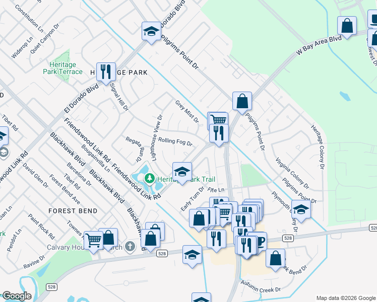 map of restaurants, bars, coffee shops, grocery stores, and more near 17013 Sailors Moon Court in Friendswood
