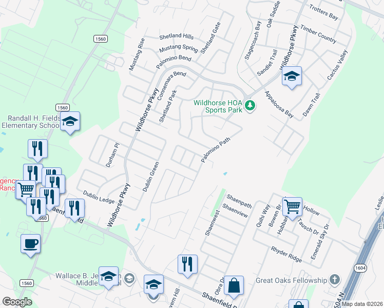 map of restaurants, bars, coffee shops, grocery stores, and more near 9414 Pegasus Run Road in San Antonio