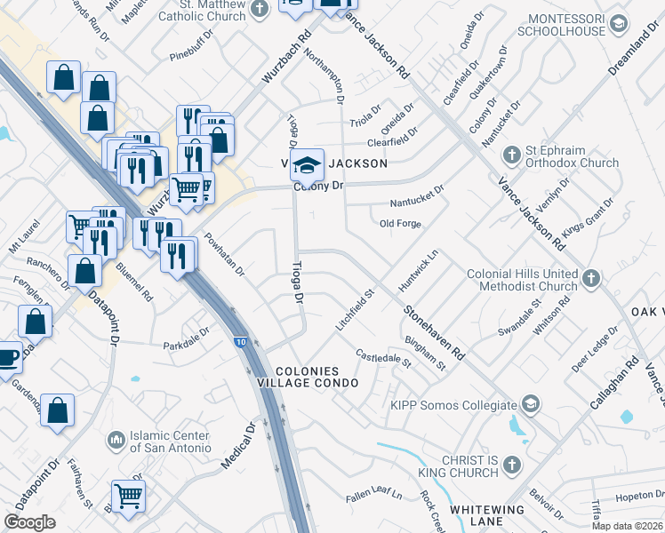 map of restaurants, bars, coffee shops, grocery stores, and more near 3507 William Penn Drive in San Antonio