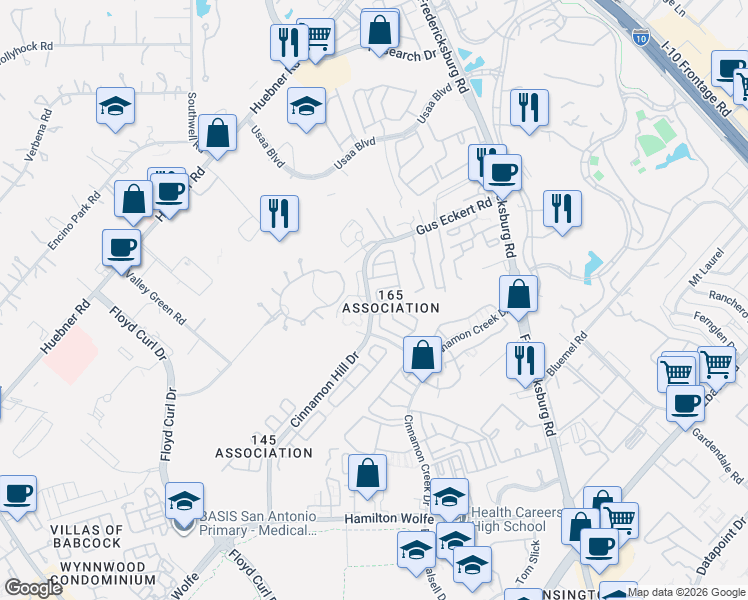 map of restaurants, bars, coffee shops, grocery stores, and more near 5019 Kenton Harbor in San Antonio
