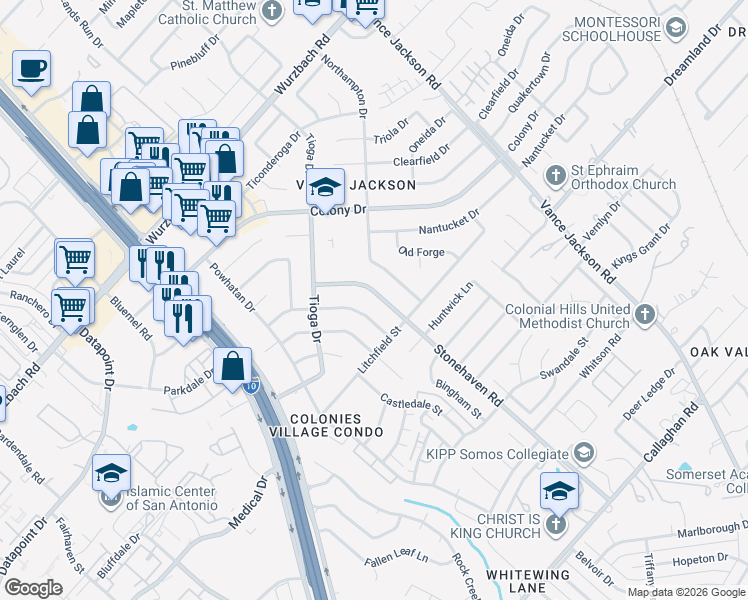 map of restaurants, bars, coffee shops, grocery stores, and more near 3414 Stonehaven Road in San Antonio