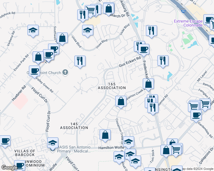 map of restaurants, bars, coffee shops, grocery stores, and more near 5019 Kenton Harbor in San Antonio