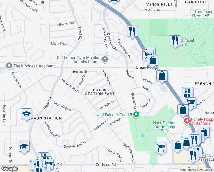 map of restaurants, bars, coffee shops, grocery stores, and more near 8307 Brixton in San Antonio