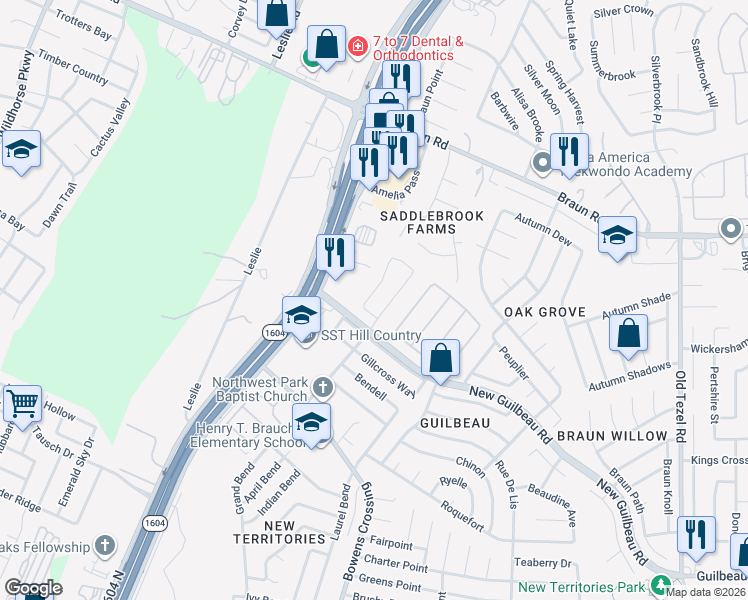 map of restaurants, bars, coffee shops, grocery stores, and more near 9023 Arch Bridge in San Antonio