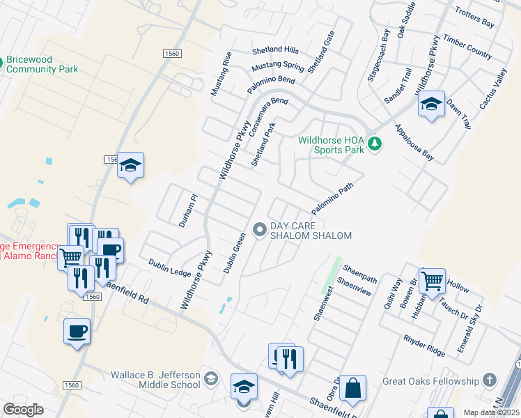 map of restaurants, bars, coffee shops, grocery stores, and more near 9515 Gold Stage Road in San Antonio