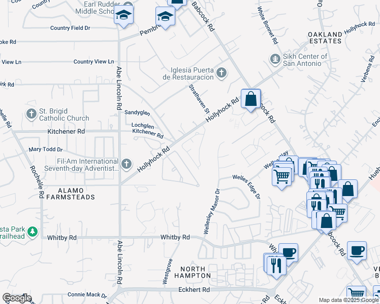 map of restaurants, bars, coffee shops, grocery stores, and more near 6455 Brookway Drive in San Antonio