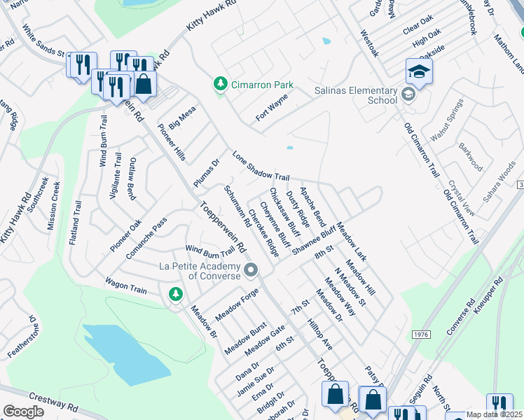 map of restaurants, bars, coffee shops, grocery stores, and more near 8518 Cheyenne Bluff in Converse