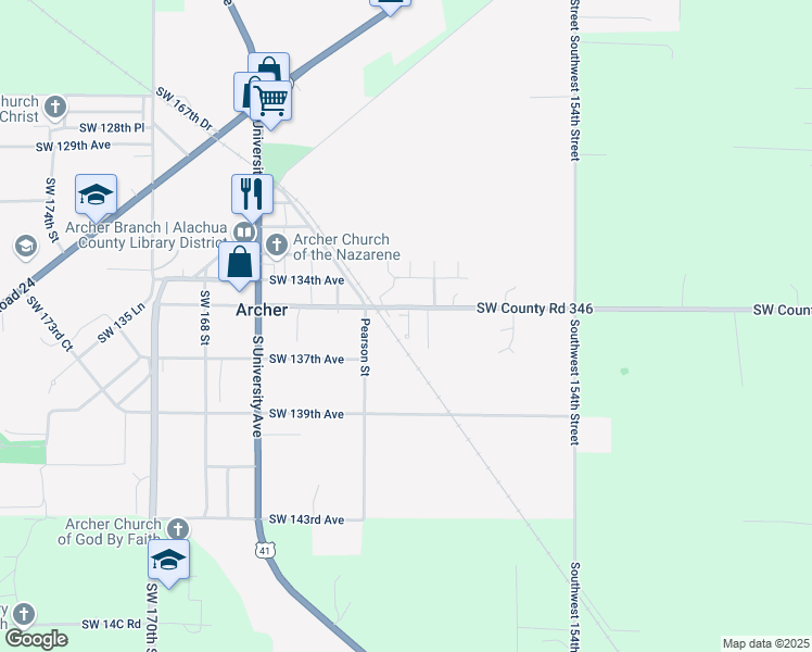 map of restaurants, bars, coffee shops, grocery stores, and more near 13520 Southwest 160th Way in Archer