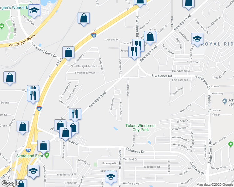 map of restaurants, bars, coffee shops, grocery stores, and more near 10 Basin Elm in San Antonio