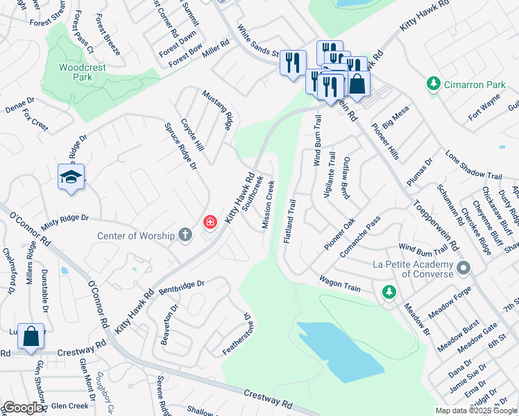 map of restaurants, bars, coffee shops, grocery stores, and more near 8913 Westcreek in Converse