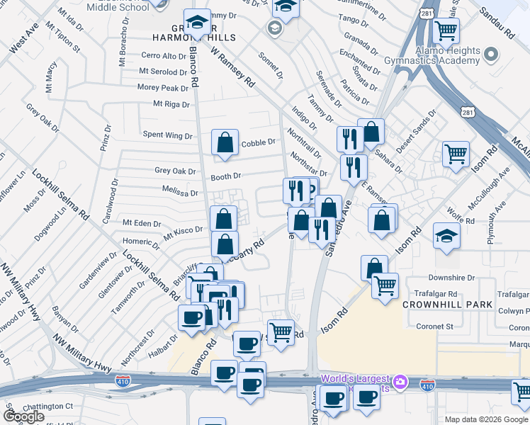 map of restaurants, bars, coffee shops, grocery stores, and more near 528 Southtrail Drive in San Antonio