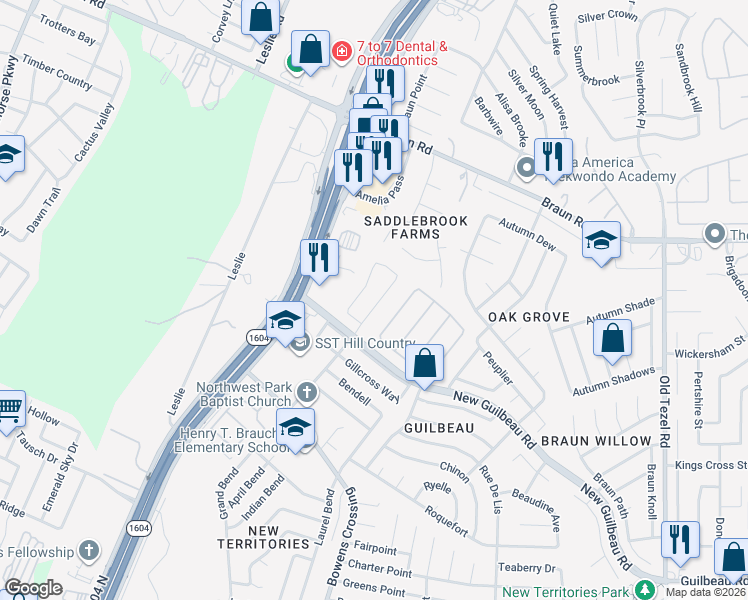 map of restaurants, bars, coffee shops, grocery stores, and more near 9023 Arch Bridge in San Antonio