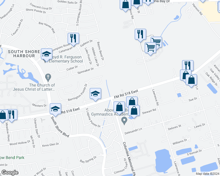 map of restaurants, bars, coffee shops, grocery stores, and more near 3850 Farm to Market Road 518 East in League City