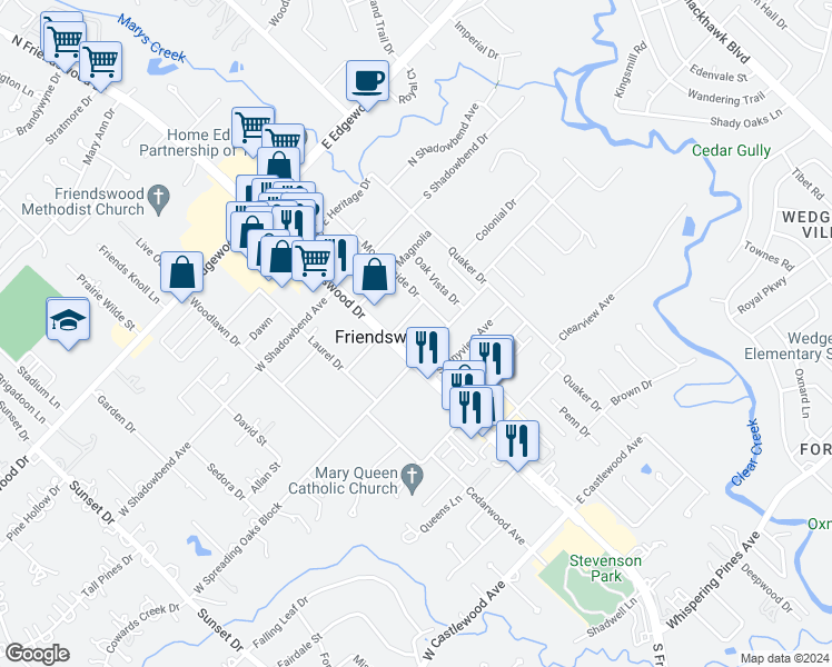 map of restaurants, bars, coffee shops, grocery stores, and more near in Friendswood