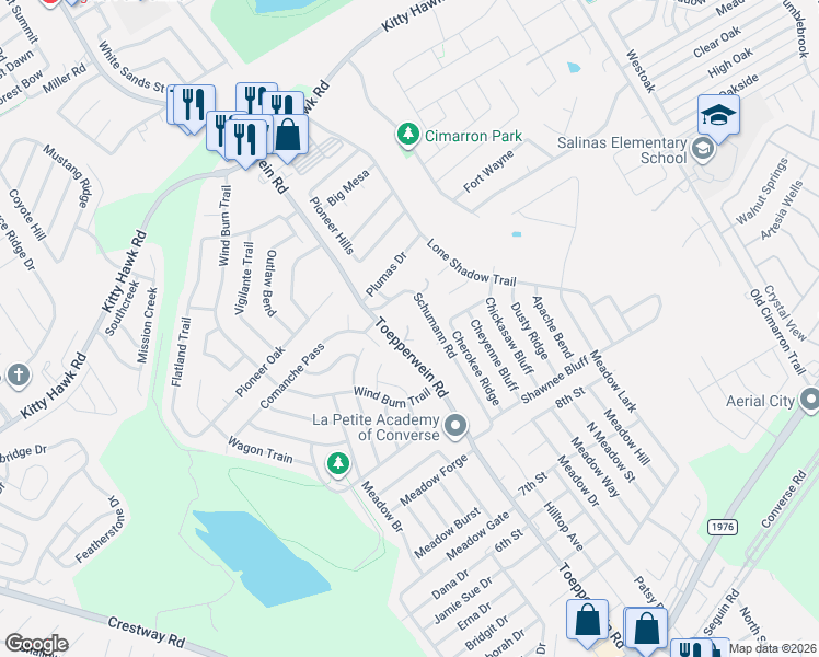 map of restaurants, bars, coffee shops, grocery stores, and more near 8323 Comanche Pass in Converse