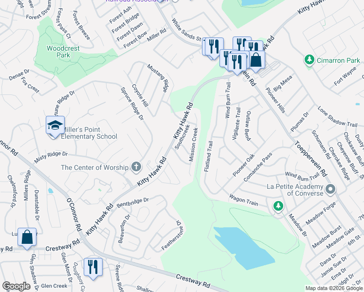 map of restaurants, bars, coffee shops, grocery stores, and more near 8925 Westcreek in Converse