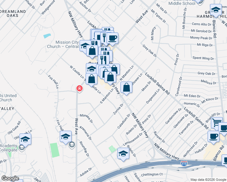 map of restaurants, bars, coffee shops, grocery stores, and more near 2002 Farm to Market Road 1535 in Castle Hills
