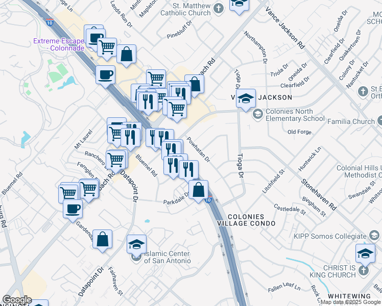 map of restaurants, bars, coffee shops, grocery stores, and more near 613 Frontage Road in San Antonio