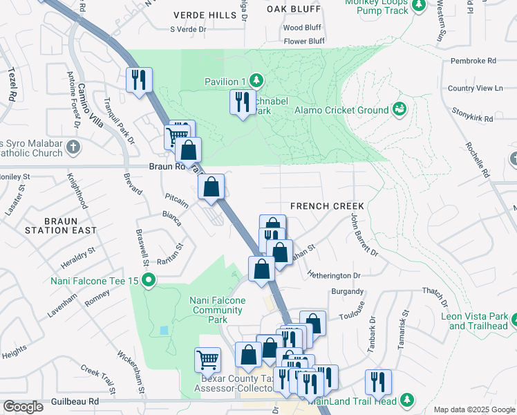map of restaurants, bars, coffee shops, grocery stores, and more near 7823 Mary Carolyn Street in San Antonio