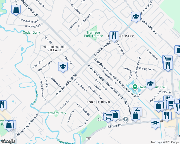 map of restaurants, bars, coffee shops, grocery stores, and more near 16619 Barcelona Drive in Friendswood
