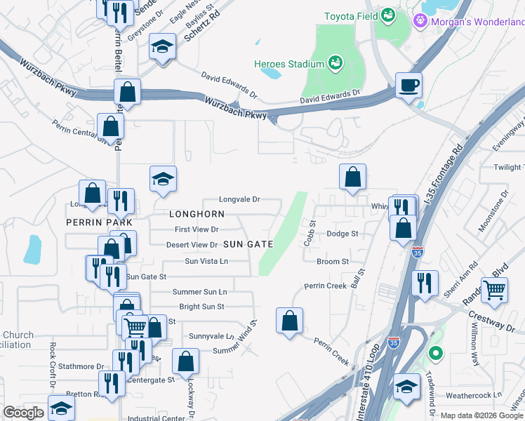 map of restaurants, bars, coffee shops, grocery stores, and more near 4510 Clearspring Drive in San Antonio