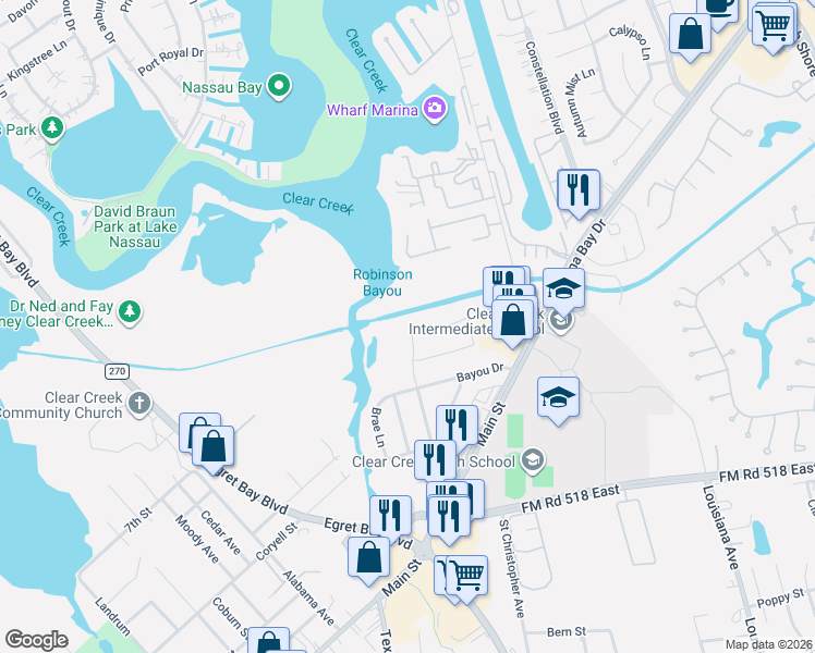 map of restaurants, bars, coffee shops, grocery stores, and more near 2402 Woodwind Way in League City