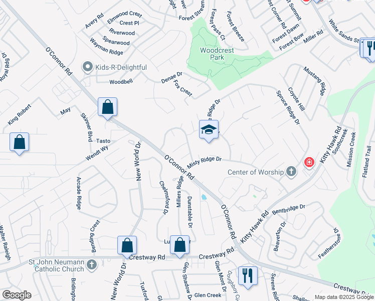 map of restaurants, bars, coffee shops, grocery stores, and more near 7017 Jefferson Ridge Drive in Converse