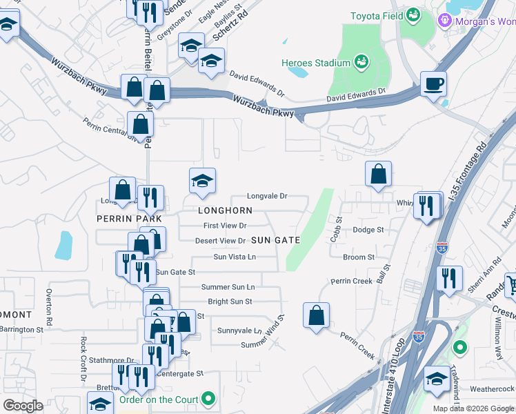 map of restaurants, bars, coffee shops, grocery stores, and more near 4426 Clearspring Drive in San Antonio