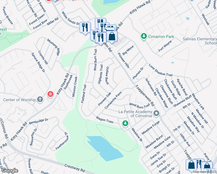 map of restaurants, bars, coffee shops, grocery stores, and more near 8124 Pioneer Oak in Converse
