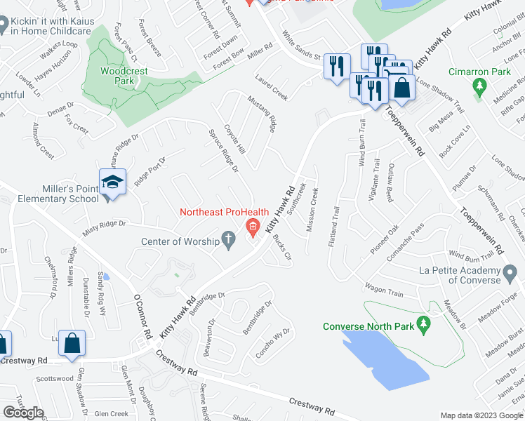map of restaurants, bars, coffee shops, grocery stores, and more near 10011 Vasso View in Converse