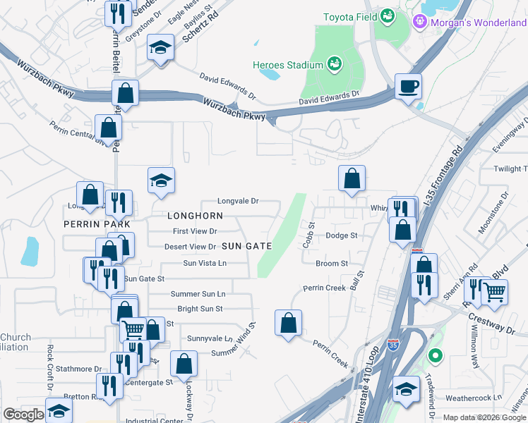 map of restaurants, bars, coffee shops, grocery stores, and more near 9610 Moraga Street in San Antonio