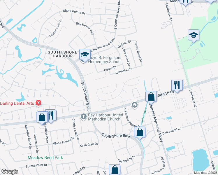 map of restaurants, bars, coffee shops, grocery stores, and more near 2025 Pembroke Bay Drive in League City