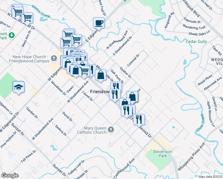 map of restaurants, bars, coffee shops, grocery stores, and more near in Friendswood