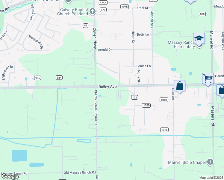 map of restaurants, bars, coffee shops, grocery stores, and more near 8022 Bailey Road in Pearland