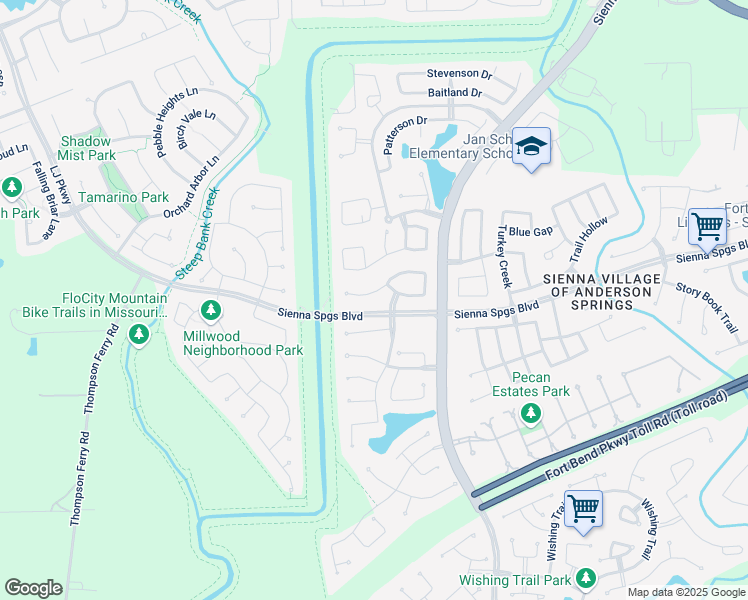 map of restaurants, bars, coffee shops, grocery stores, and more near 7006 Brewster Lane in Missouri City