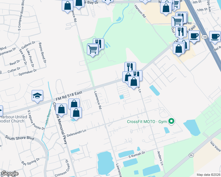 map of restaurants, bars, coffee shops, grocery stores, and more near 1135 Farm to Market Road 518 in Kemah