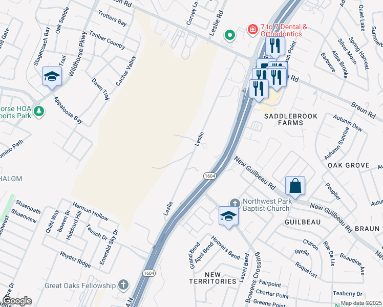 map of restaurants, bars, coffee shops, grocery stores, and more near 9305 Leslie Road in San Antonio